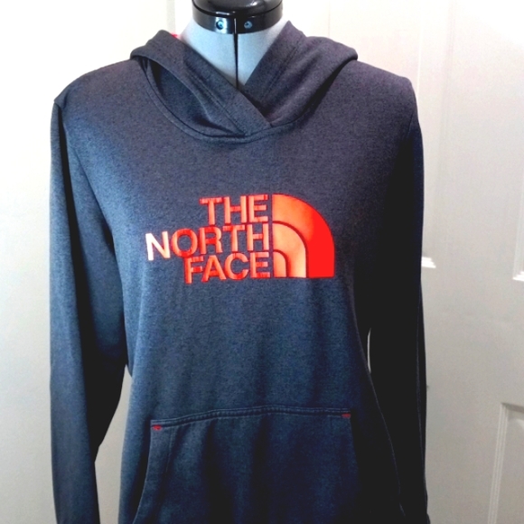 North Face Sz lg, Dark Grey with Florescent Orange lettering & Hood - Picture 2 of 5